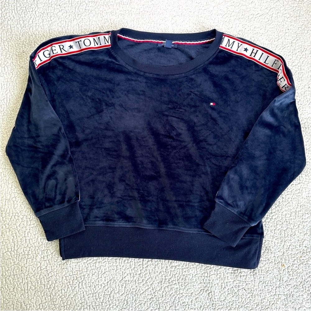 Tommy Hilfiger Velour Cropped Sweatshirt Womens Size L Blue